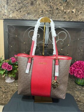 Michael Kors Brown Signature Tote with Red Center Panel
